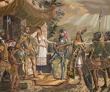 Hernán Cortés avec l’indienne Malinche lors de la conquête de l'empire aztèque au Mexique..